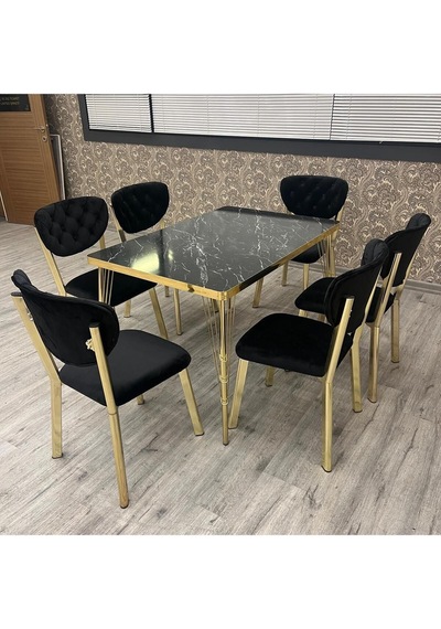Mutfak Masa Sandalye Takımı Akuamarin 80-120 Ck Gold 6 Kişilik Mutfak Masası Takımı Siyah Mermer Mutfak Masa Sandalye Takımı Akuamarin 80-120 Ck Gold 6 Kişilik Mutfak Masası Takımı Siyah Mermer