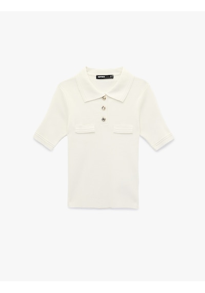 Koton Slim Fit Yarım Düğme Detaylı Kısa Kollu Polo Yaka Triko Kazak Ekru 6sak90022ht Ekru