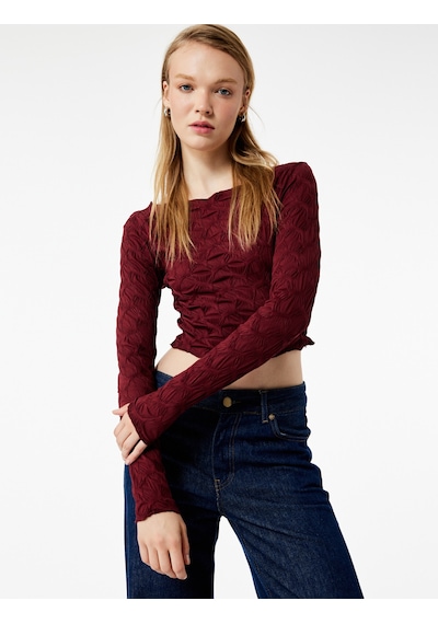 Koton Uzun Kollu Dokulu Kayık Yaka Slim Fit Crop Tişört Bordo 6wal10091ık Bordo