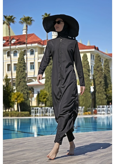 Remsa Tasarım Tam Kapalı Tesettür Mayo Tam Boy Uzun Boy R027 Fatma Siyah Siyah