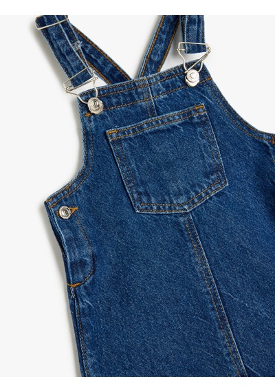Koton Pamuklu Kare Yaka Cep Detaylı Denim Jile Elbise Dark Indıgo 5smg80007ad Koyu İndigo