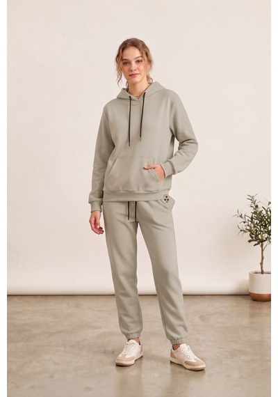 Moibody Kadın 3 İplik Şardonlu Eşofman Takımı Premium Kapüşonlu Sweatshirt Ve Jogger Alt Bej Bej