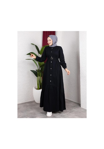 Hb Harma Time Butik Kadın Düğmeli Kuşaklı Denim Siyah Kot Elbise Siyah Siyah