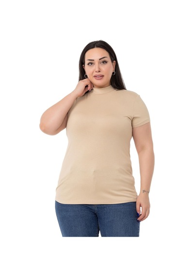 Disentis Büyük Beden Yarım Balıkçı Kısa Kollu Viskon Bej Rengi Body Bej