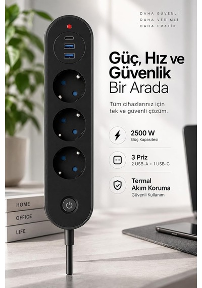 Blic Termal Akım Korumalı 3 Lü Priz 2500w 1 Usb-c + 2 Usb-a Hızlı Şarj Girişli Çoklu Priz Aşırı Akım, Isınma Ve Kısa Devre Korumalı Aç/kapa Anahtarlı Siyah Uzatma Prizi Grup Priz Blic Termal Akım Korumalı 3 Lü Priz 2500w 1 Usb-c + 2 Usb-a Hızlı Şarj Girişli Çoklu Priz Aşırı Akım, Isınma Ve Kısa Devre Korumalı Aç/kapa Anahtarlı Siyah Uzatma Prizi Grup Priz