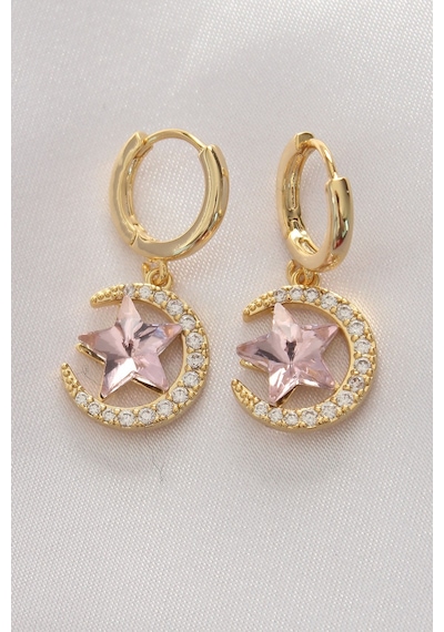 Ezoconcept Pirinç Gold Renk Pembe Zirkon Taşlı Yıldız Detay Ay Küpe Çok Renkli