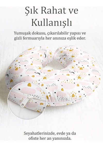 Pembe Bulut Desenli Pamuklu Boyun Yastığı - Sevimli Kalp Yıldız Çocuk & Yetişkin Seyahat Yastığı Mat Gün Batımı Vizon