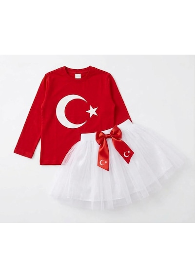 Trendmirend 29 Ekim Ve 23 Nisan Ay Yıldız Baskılı Takım Beyaz - Kırmızı