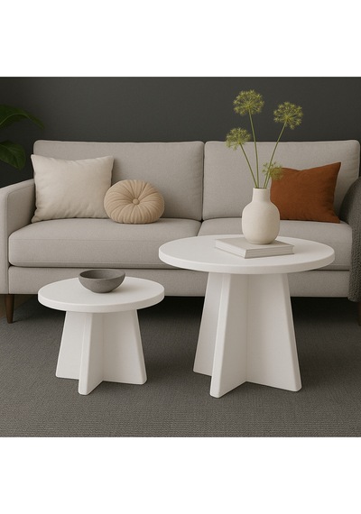 Luna Model 2 Li Orta Sehpa Seti, 58 Cm, 40 Cm Çaplı, Yükseklik 39 Cm, 46 Cm İskandinav Stil Beyaz