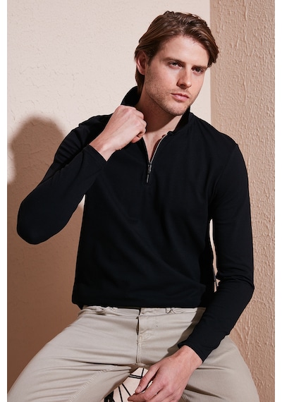 Buratti Pamuklu Slim Fit Yarım Fermuarlı Polo Yaka Erkek Sweat 5903010 Siyah