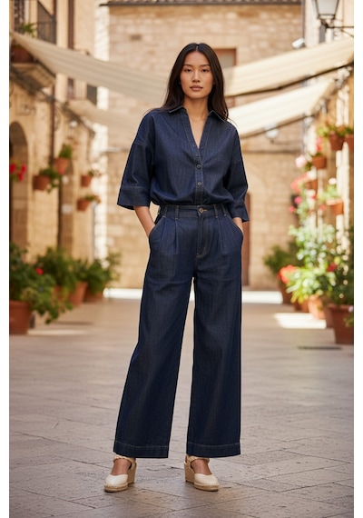 Stilkusagi Kadın Truvakar Kol Denim Gömlek Pileli Jean Pantolon İkili Takım Lacivert