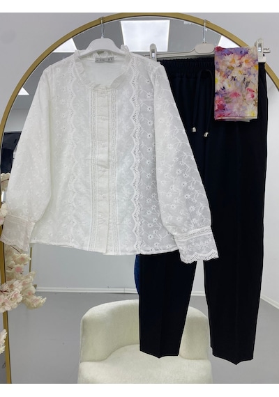 Lovie Moda Kadın Keten Gömlek Pantolon Takım - Beyaz Bej