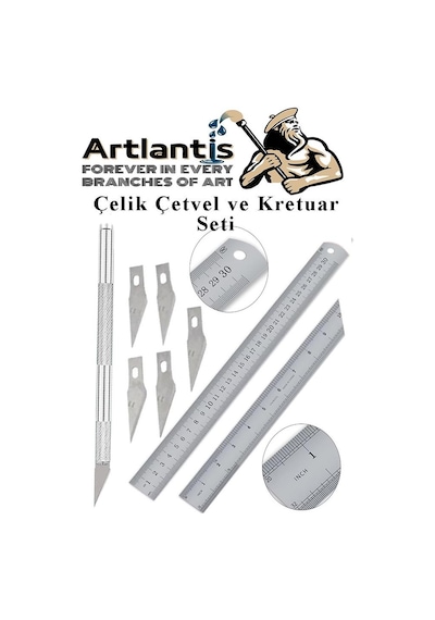 Çelik Cetvel 30 Cm Ve Kretuar Bıçağı 5 Yedek Bıcaklı 1 Adet Paslanmaz Çelik Metal Çetvel 30 Santimetre Çok Renkli