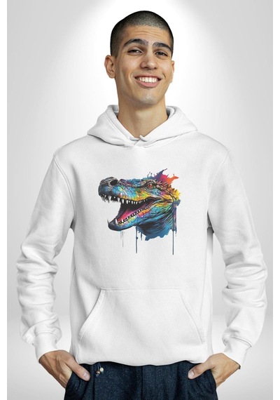Timsah Renkli Kafası Kadın Erkek Beyaz Kapüşonlu Sweatshirt Hoodie Beyaz