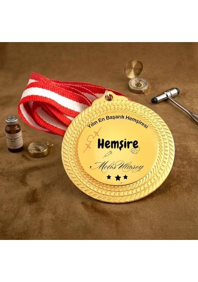 Hemşirelere Özel İsimli Yılın En Başarılı Hemşiresi Altın Rengi Madalyon Sarı