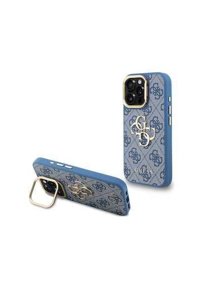 Apple Uyumlu iPhone 15 Pro Max Kılıf Guess Lisanslı Metal 4g Ve Yazı Logolu Kamera Standlı Kapak Mavi