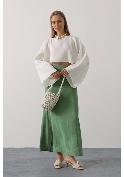 Defymoda Yarasa Kollu Crop Bluz - Beyaz Beyaz