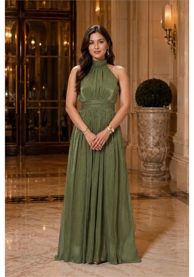 Neşeli Butik Kadın Olive Yeşil Halter Yaka Janjan Kumaş Premium Abiye Elbise Nbmy4128