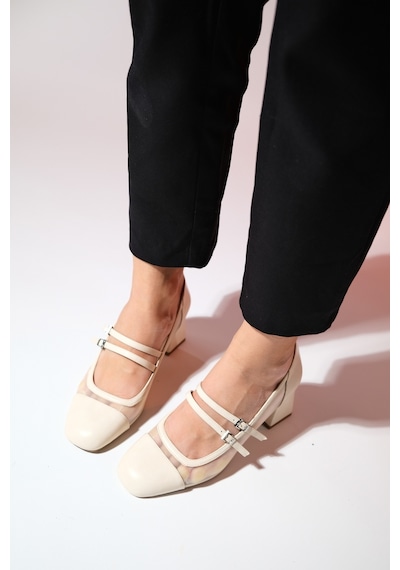 Luvishoes Scots Krem Kadın Kalın Topuklu Ayakkabı Krem