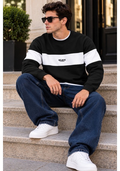 Tarz Cool Erkek Şerit Detaylı Believe Baskılı 3 İplik Şardonlu Bisiklet Yaka Sweatshirt Siyah