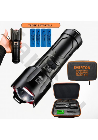 Everton Rt-t709 Profesyonel Fener - 4 Adet 18650 Model Pil Dahil - 10400 Mah Powerbank Siyah