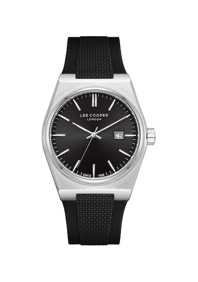 Lee Cooper Siyah Silikon Kayış Siyah Kadran 40 Mm Yuvarlak Erkek Kol Saati, Bileklik Hediyeli Gümüş