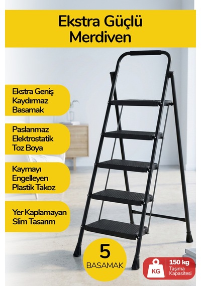 İronika 5 Basamaklı Katlanır Metal Merdiven Sağlam Gövde Dekoratif Geniş Basamaklı Ev & İş Merdiveni