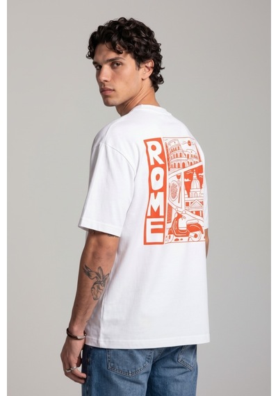 Black Nova Oversize Baskılı Unisex Tişört Rome Stamp Beyaz