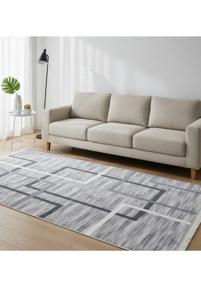 Classi Bambu Saten İpeksi Floşlu Kaymaz Taban Yıkanabilir Halı gri