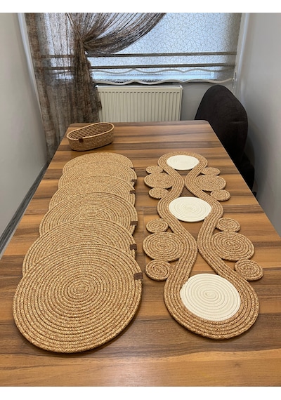 Senza Atelier Lüks Jüt Masa Sunum Seti Dairesel Motifli Runner, 6 Lı Supla Ve Sepet Seti Hasır