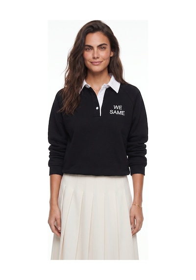 Onloox Kadın Siyah Siyah Pamuklu Karışımlı Polo Yaka Üç İplik Şardonlu Nakış Detaylı Sweatshirt
