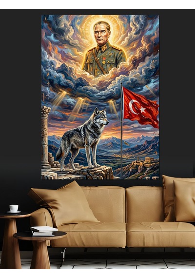 Atatürk'ün Bozkurtla Birlikte Portresi Dekoratif Kanvas - Mdf Ahşap Tablo