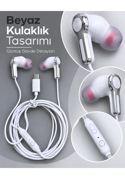 Ers Gümüş Detaylı Silikon Başlıklı Type C Kablolu Kulaklık