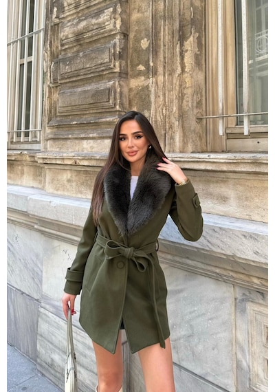 Dip Moda Kadın Kürk Yakalı Kuşaklı Kısa Boy Kaşe Kaban Dpstr1019 Çok Renkli