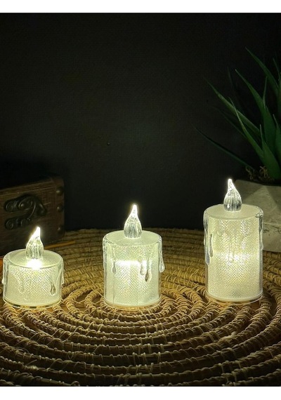 Lapidaria Titreyen Alevli Kristal Erimiş Led Mum 3'lü Hareket Alevli Eriyen Yapay Mum Pilli Led, Sarı, Mum1002