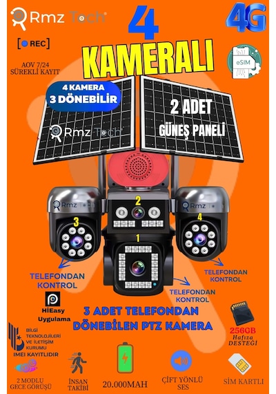 Avenir RMZ-TECH 4 Kameralı (3 Motorlu+ 1 Sabit) E Sim 12MP 4G Sim Kartlı Solar Kamera Gece Renkli Görüş