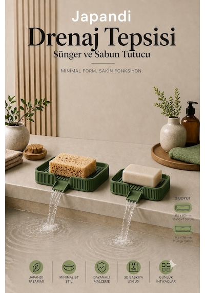 Ognami Japon Minimalist Drenaj Tepsisi Su Tahliyeli Banyo & Mutfak Düzenleyici - Yeşil