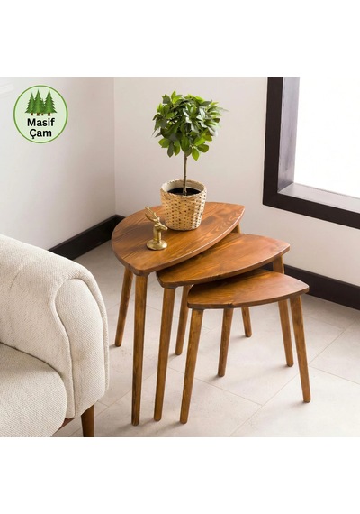 Furnirem Elips Yan Sehpa 3'lü Zigon Set, Masif Doğal Ahşap Ceviz