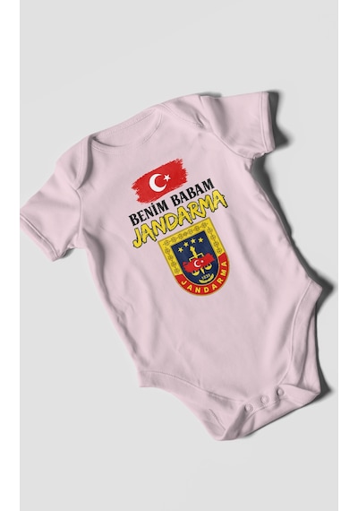 Morivokids Benim Babam Jandarma Kısa Kollu Bebek Body %100 Pamuk Bebe Pembe