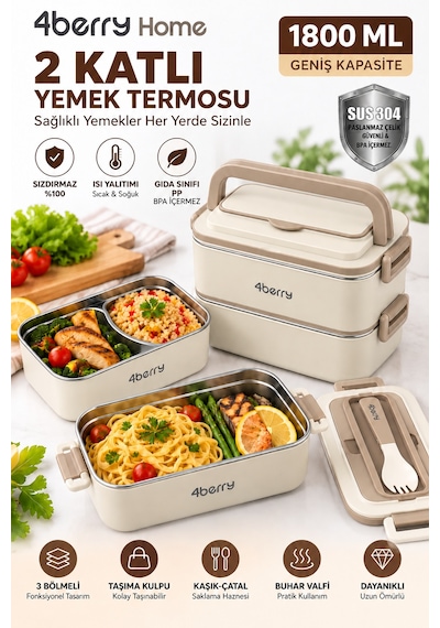 2 Katlı Yemek Termosu 3 Bölmeli 1800 Ml Taşınabilir Yemek Kabı, 304 Paslanmaz Çelik, Sızdırmaz, Isı Yalıtımlı, Kaşıklı Krem