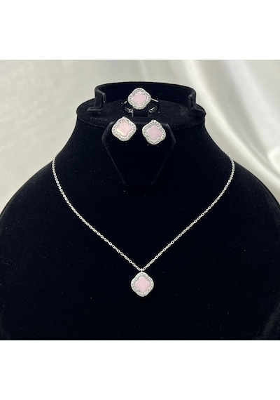 Yonca Pembe Taşlı Kadın 3'lü Seti 925 Ayar Gümüş Radyumlu 6 Mm Gümüş