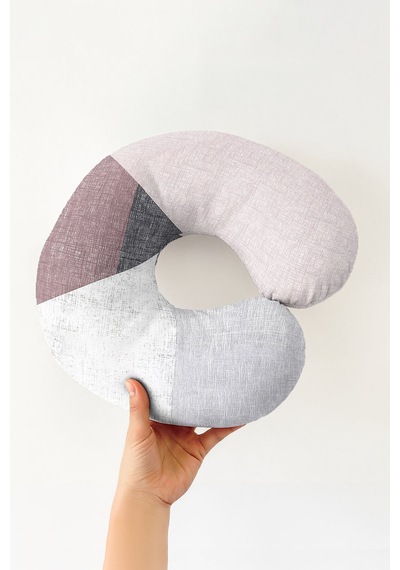 Modern Geometrik Pamuklu Boyun Yastığı - Pastel Gri Pembe Minimal Seyahat Yastığı Fildişi