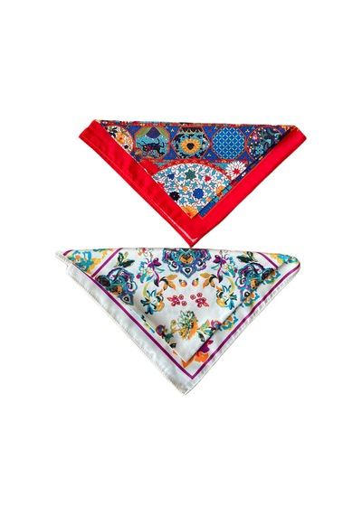 2 Li Saten Bandana Seti Saten Fular Saten Çanta Aksesuarı Özel Desen Bandana 45x50 Cm Haki - Mavi