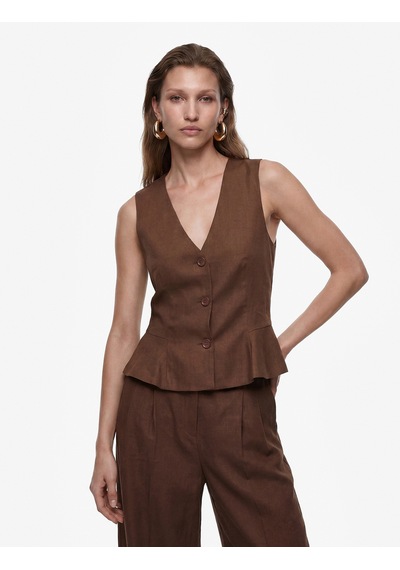 Koton V Yaka Düğmeli Peplum Keten Yelek Kahverengi 6sak20102pw Kahve