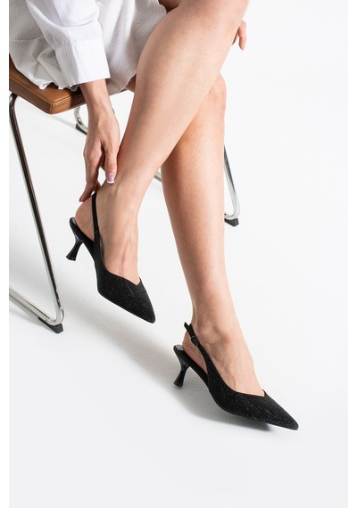 Dabab Shoes Aurelıa Kadın Siyah Sivri Burun Slingback 6 Cm İnce Topuk Parlak Simli Abiye Ayakkabı