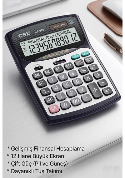 Hesap Makinesi Siyah 13.5x18.5 Cm 1 Adet Csl Cs-505 12 Haneli Orta Boy Hafızalı Ofis Büro Masaüstü Hesap Makinası