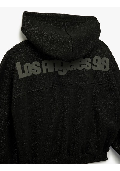Koton Şardonlu Kapüşonlu Baskılı Cep Detaylı Fermuarlı Sweatshirt Siyah 6wal10488ık Siyah
