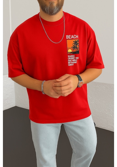 Beach Baskılı Oversize Unisex Tişört Kirmizi