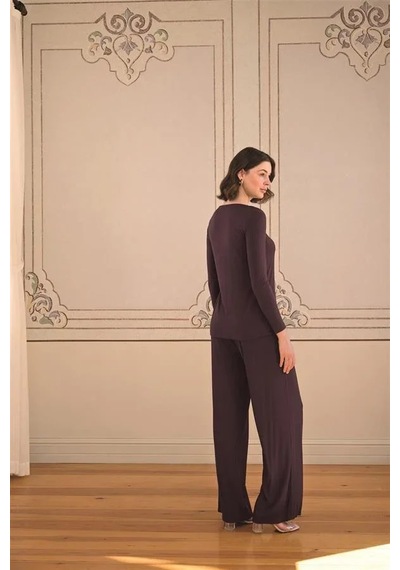Ang Butik Kadın Uzun Kollu Ve Dantelli Pijama Takımı Mürdüm