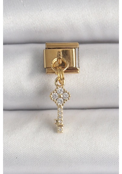 Mey İthalat 316l Çelik Gold Renk Sallantı Zirkon Taşlı Anahtar Model Nomination Charm Altın